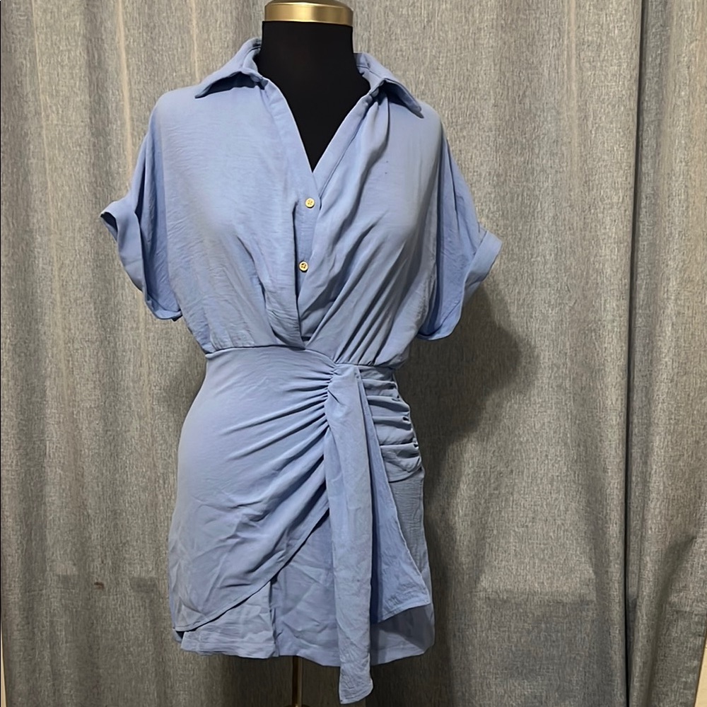 Light Blue Button-Up Dress with Waist Tie